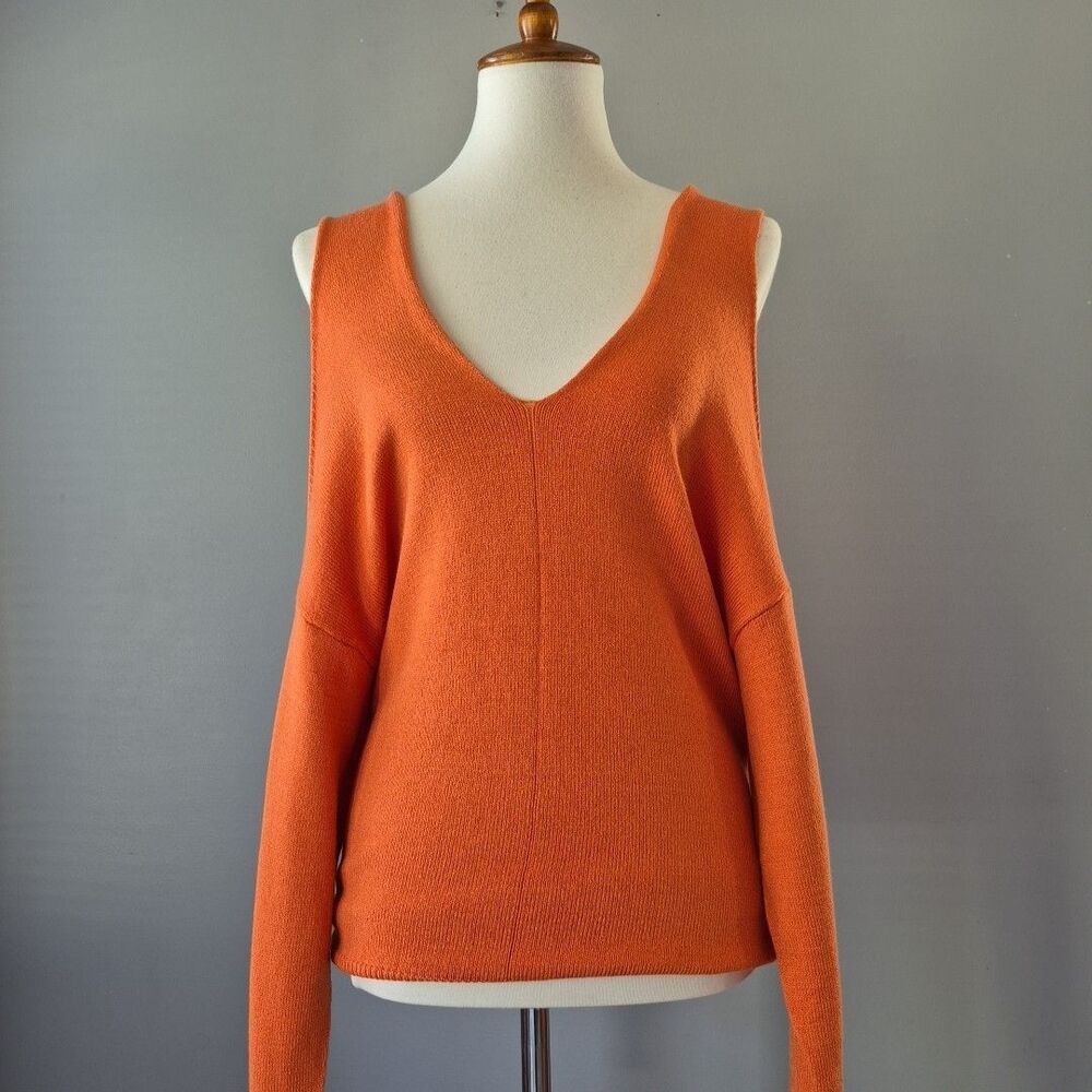 Angashion Orange Long Sleeve Cold Shoulder V Neck Lightweight Sweater Women MED